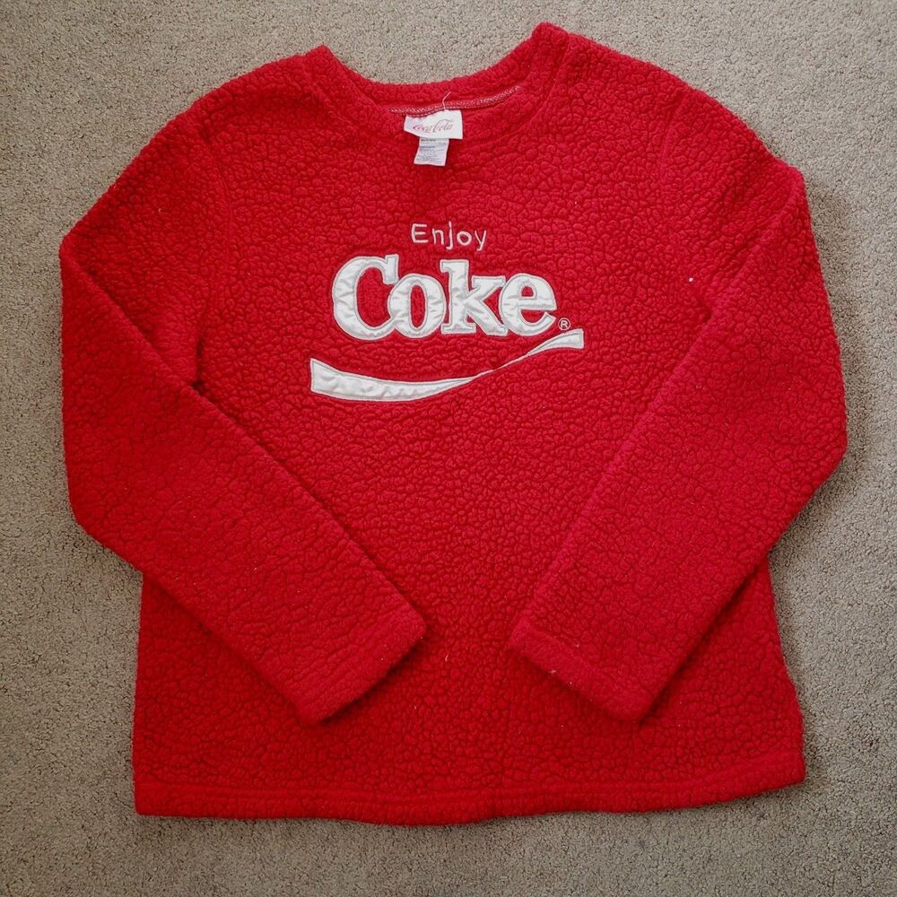 Vtg 90s Coca Cola Faux Fur Sweatshirt Crewneck Sleepwear Embroidered Logo Red M